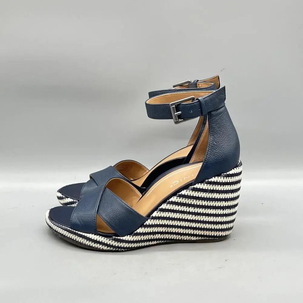 Vionic Sandals Womens 7 Blue Leather Marina Espadrille Ankle Strap Wedge Shoes